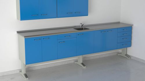 Puesto de trabajo para laboratorio dental con fregadero - 9+19+4(29X34)+9+2, E57/P - ERIO - con estantes / con cajones / de acero inoxidable