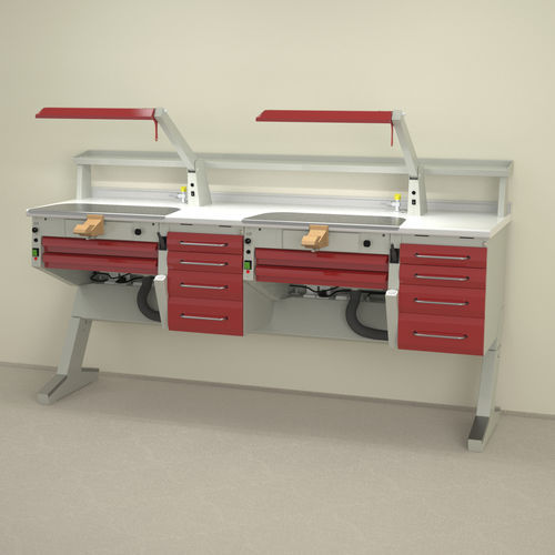 Puesto de trabajo para laboratorio dental con estantes - PL/AR+C4+PL/AR+C4 - ERIO - con luz / con cajones / doble