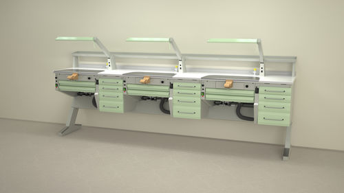 Puesto de trabajo para laboratorio dental con estantes - PL/AR+C4+PL/AR+C4+PL/AR+C4 - ERIO - con luz / con cajones