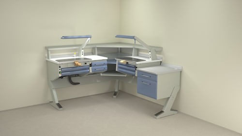 Puesto de trabajo para laboratorio dental con estantes - PL/AR+C2+ANG+PL+BF/C - ERIO - con luz / con cajones / doble