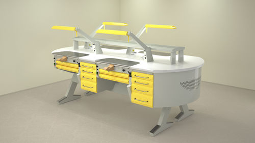 Puesto de trabajo para laboratorio dental con estantes - L(31)+PL/AR+C4+PL/AR+C4+L(31)  - ERIO - con luz / con cajones / en isla