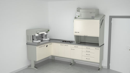 Puesto de trabajo para laboratorio dental con campana - 8+14+18+8/FORNEL+19+2+15, E07/S+E58/G100+DE.FO - ERIO - con estantes / de acero inoxidable