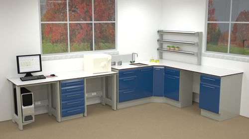Mesa de laboratorio con fregadero - ERIO - de esquina / con estantes