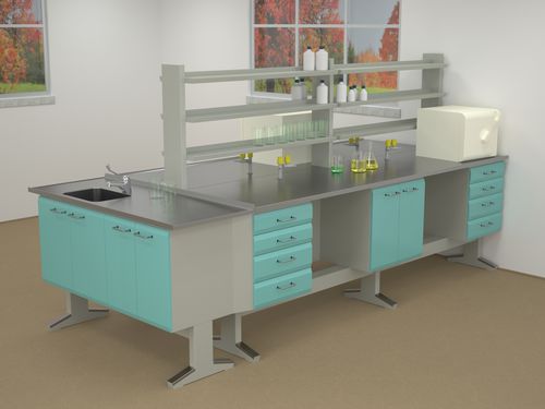 Mesa de laboratorio con fregadero - ERIO - en isla / con estantes