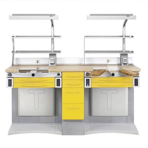 Puesto de trabajo para laboratorio dental con campana - EVOLAB - TAVOM S.p.A.   - con fregadero / con estantes / con luz