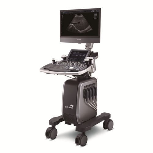 Ecógrafo con soporte - E-CUBE 8 Series - Alpinion Medical Systems - para ecografía polivalente / doppler-color / 3D/4D