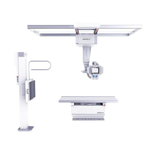 Sistema de radiografía digital - QOMO  - Angell Technology - para radiografía polivalente / con brazo portatubos telescópico de techo / con Bucky en el suelo