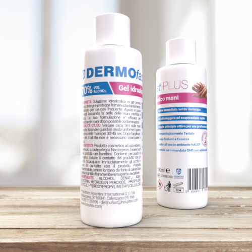 Solución hidroalcohólica 70 % - DERMOfast PLUS 100 - Hospitex International - 5.000 ml / 250 ml