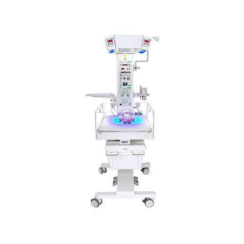 Mesa de reanimación neonatal con lámpara de fototerapia - OKM 730-FULL - Okuman Medikal Sistemler Anonim Sirketi - con báscula / con ruedas / con altura regulable