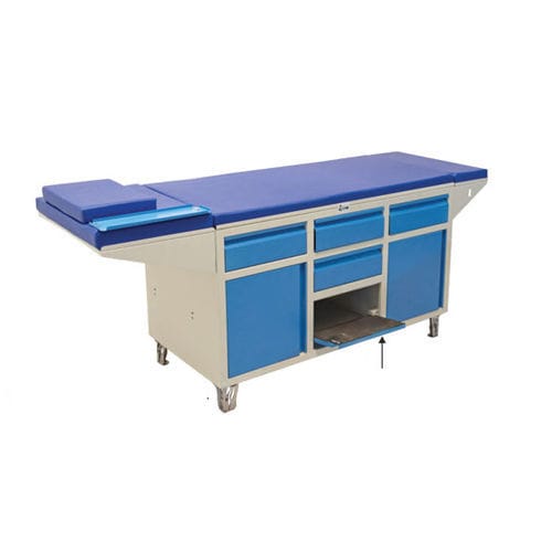 Camilla de exploración manual - 92X4 - Shree Hospital Equipments - con espacio de almacenamiento / de 2 secciones / azul