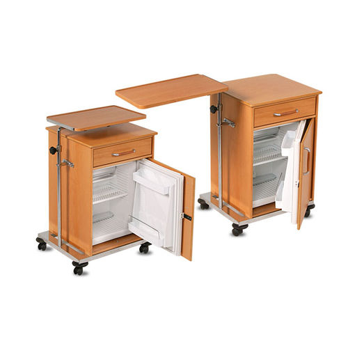Mesa de cabecera con ruedas - External Plus Lux - A.A.MEDICAL - con compartimento refrigerador / con cajones / con bandeja de cama integrada