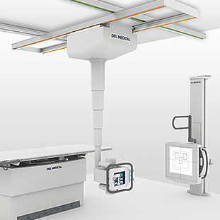 Sistema de radiografía digital - OTC18T - DEL Medical - para radiografía polivalente / con brazo portatubos telescópico de techo / con Bucky en el suelo