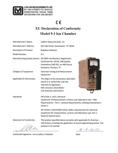EU Declaration of Conformity Model 9-3 Ion Chamber