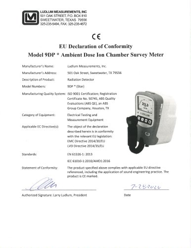 EU Declaration of Conformity Model 9DP * Ambient Dose Ion Chamber Survey Meter
