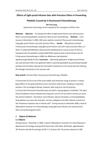 Effects of Light-proof Infusion Sets Using Precision Filter in Preventing Phlebitis Caused by Fluorouracil Chemotherapy