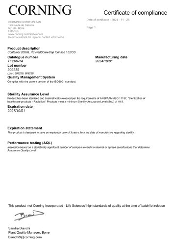 Quality Certificate - Lot No.909259