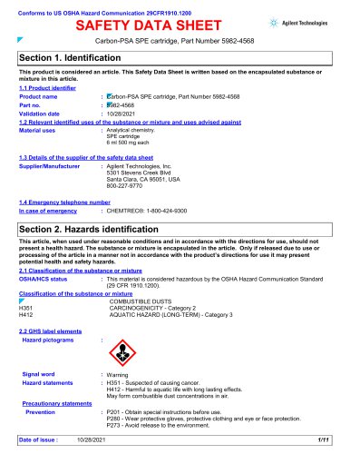 Carbon-PSA SPE cartridge, Part Number 5982-4568