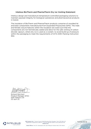 Intelsius BioTherm and PharmaTherm Dry Ice Venting Statement