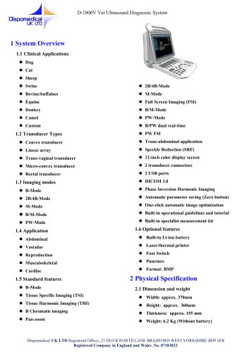 D-1000V Vet Ultrasound Diagnostic System Datasheet