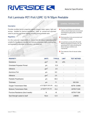 Foil Laminate PET/Foil/LDPE 12/9/50&micro;m Peelable