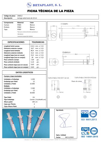 2IN012 Técnica Jeringa Veterinaria 10 ml