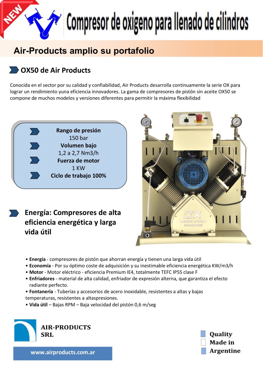 Compresor Booster para carga de cilindros modelo OX50  - AIR PRODUCTS SRL