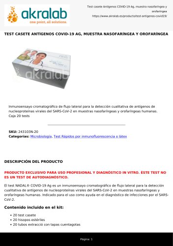 TEST CASETE ANT&Iacute;GENOS COVID-19 AG, MUESTRA NASOFAR&Iacute;NGEA Y OROFAR&Iacute;NGEA