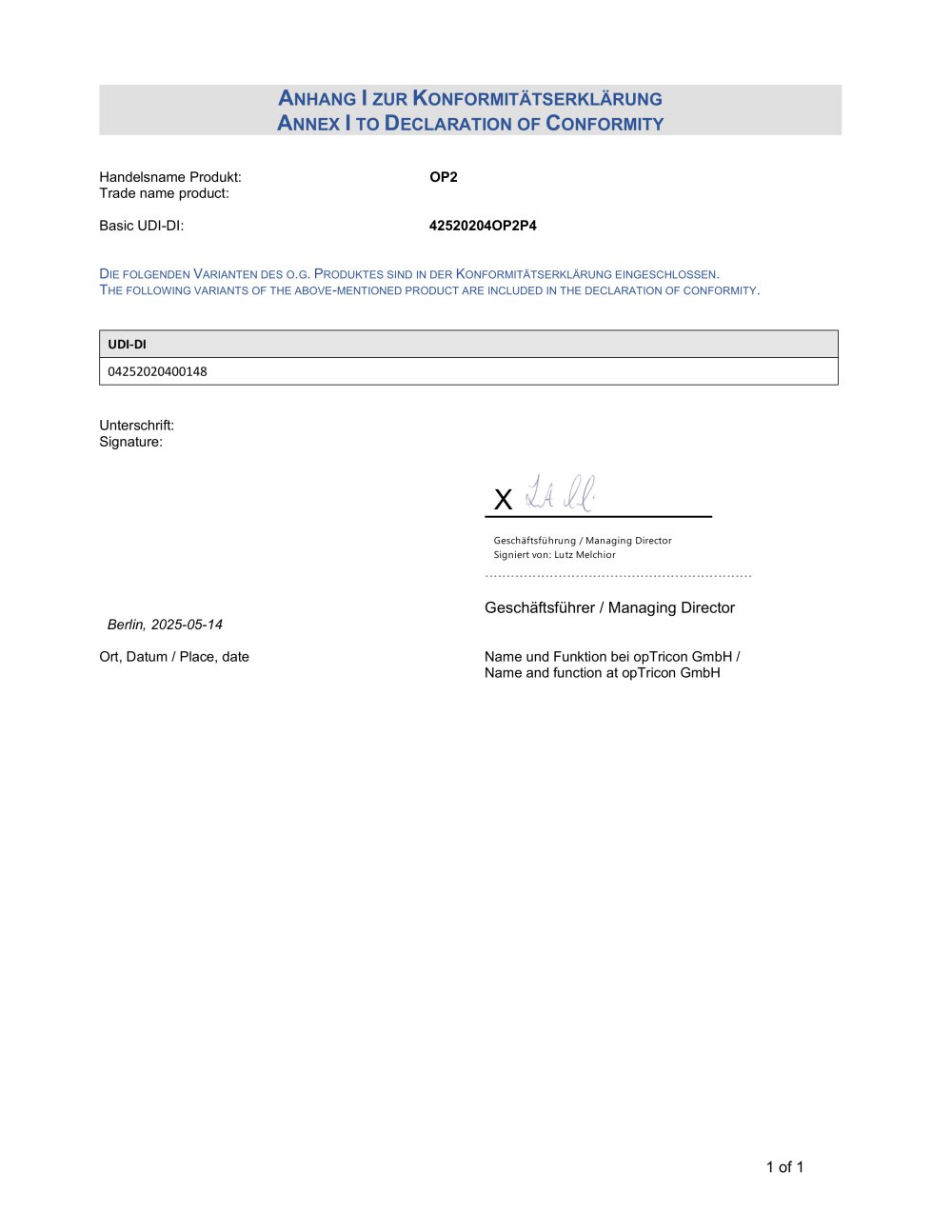 DECLARATION OF CONFORMITY OP2 - opTricon GmbH
