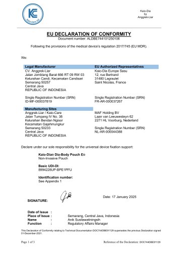 D&eacute;claration de confirmit&eacute; UE pour Dia-Body Pouch E