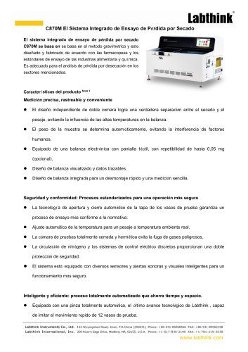 An&aacute;lisis gravim&eacute;trico integrado por p&eacute;rdida por secado Labthink C870M para aplicaciones farmac&eacute;uticas, qu&iacute;micas y de laboratorio.