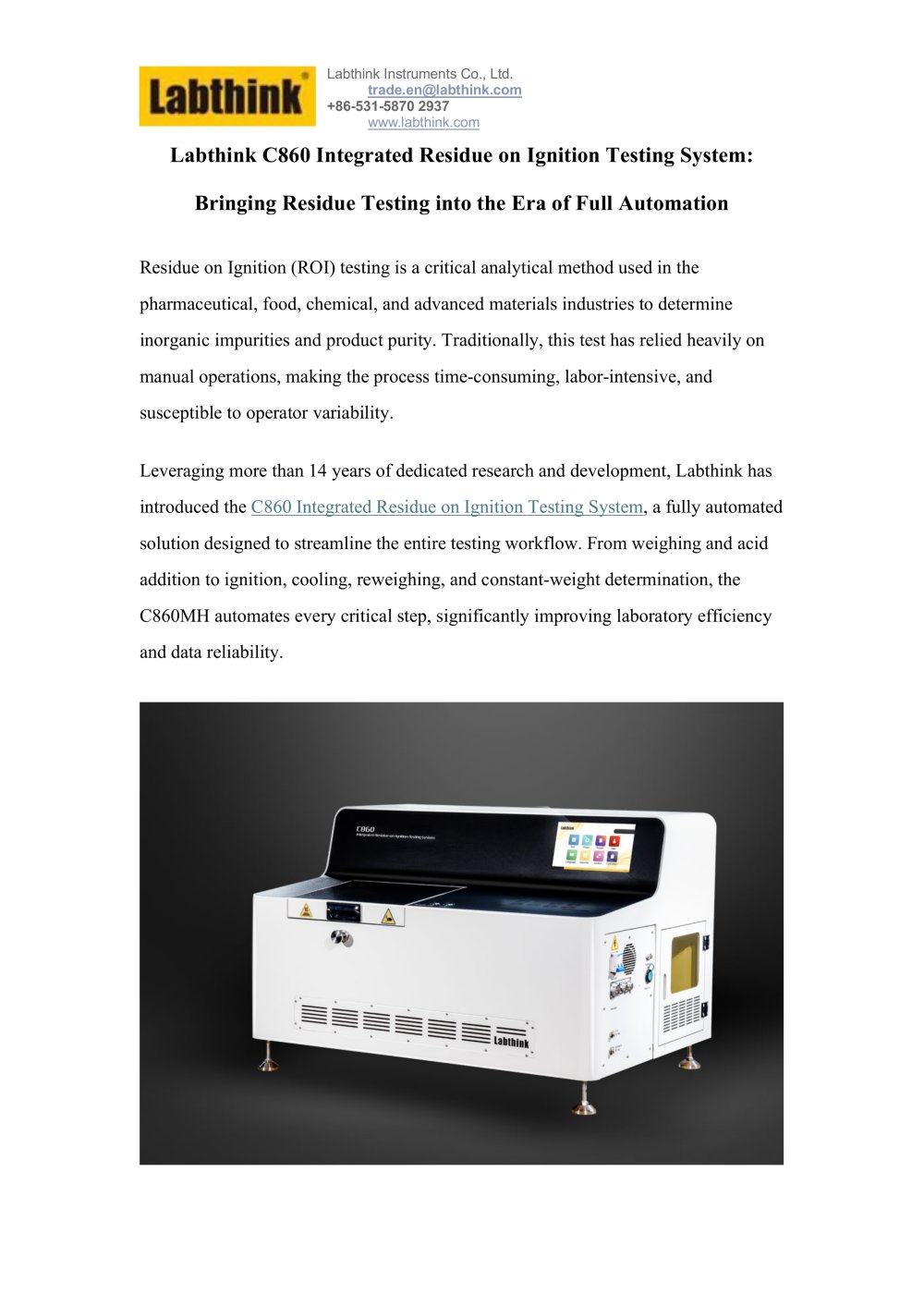 Labthink C860 Integrated Residue on Ignition Testing System: Bringing Residue Testing into the Era of Full Automation - Labthink