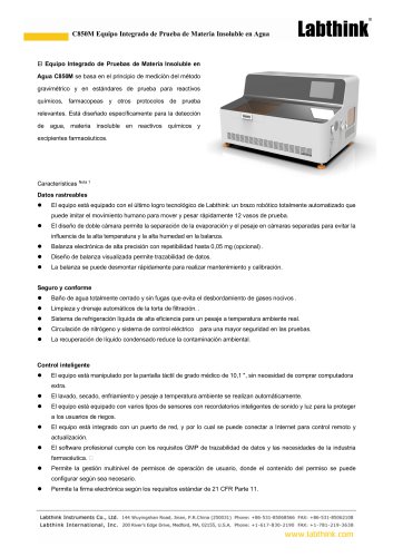 Sistema integrado de an&aacute;lisis de materia insoluble en agua C850M para la industria farmac&eacute;utica, alimentaria y qu&iacute;mica.