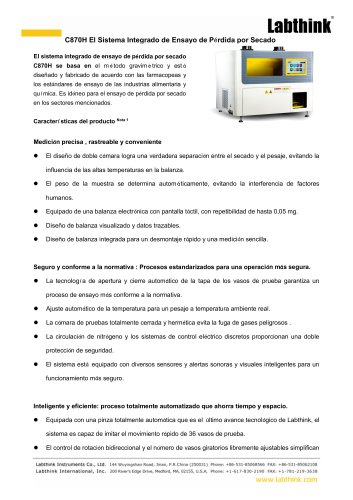 Sistema integrado de prueba de p&eacute;rdida por secado (LOD) Labthink C870H para productos farmac&eacute;uticos