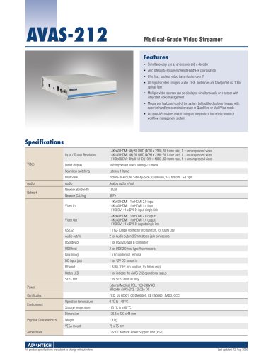 AVAS-212 Medical Grade Video Streamer - Datasheet