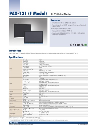 PAX-121 (F Model) 21.5" Clinical Display - Datasheet