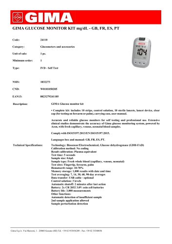 GIMA GLUCOSE MONITOR KIT mg/dL