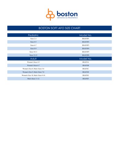 BOSTON SOFT AFO SIZE CHART