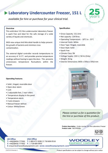 Laboratory Undercounter Freezer, 150 L