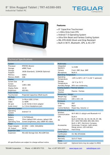 8" Slim Rugged Tablet | TRT-A5380-08S